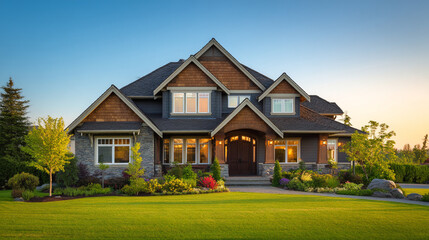 A large and luxurious house with a well-manicured lawn and beautiful landscaping at sunset