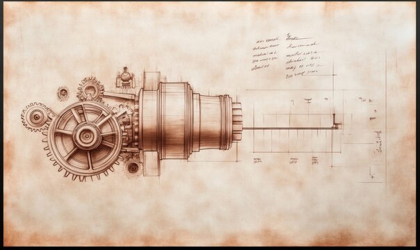 Detailed vintage mechanical drawing of gears and machinery, in a steampunk style.