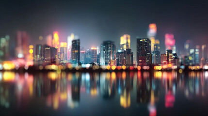 Obraz premium A blurry nighttime cityscape with colorful lights reflected on the calm water of a lake or river