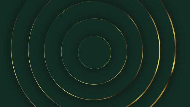 A dark green background with concentric gold circles, creating a sense of depth and luxury.