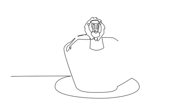 Self drawing animation of continuous line drawing of mandrill shows cute animal soaking in coffee cup. Unique design features the primate for an international monkey primate day. Full length animated