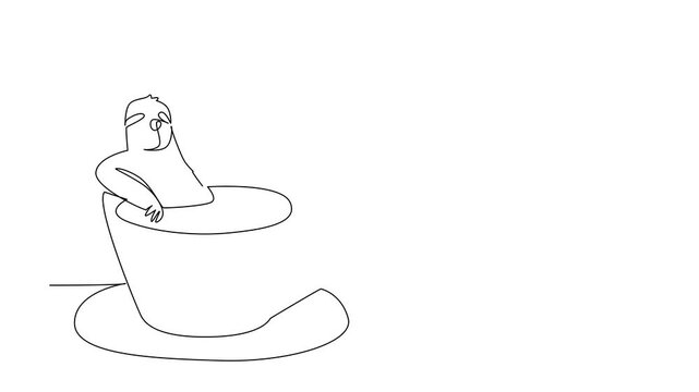 Animated self drawing of single line drawing of adored sloth for nature concept cute animal soaking in warm coffee cup. International coffee day theme with wild forest. Full length one line animation