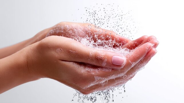 A person washing hands with soap, with water cascading gently, demonstrating cleanliness.