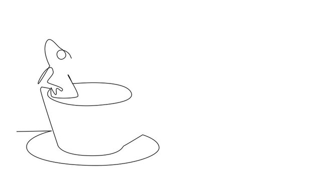 Animated self drawing of continuous line drawing of adorable chameleon depicts small animal soaking in warm coffee cup for nature forest concept. Simple illustration. Full length single line animation