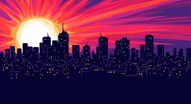 A vibrant, stylized city skyline is dramatically silhouetted against a breathtaking, colorful sunset sky, creating a striking urban landscape with bold hues.