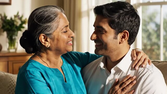 Senior Indian mother kissing adult son on cheek at home. Loving family moment showing affection and bond