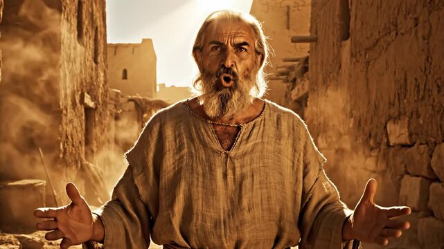 Biblical prophet preaching in a dusty ancient village street. An elderly man with a beard delivers a dramatic sermon or warning. Historical religious character concept