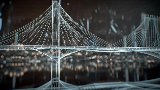 3D rendering of a futuristic cable stayed bridge at night