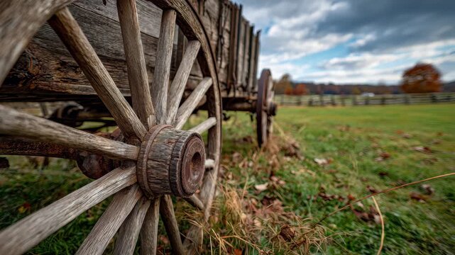 Vintage wooden wagon wheel near a green pasture under a cloudy sky in autumn