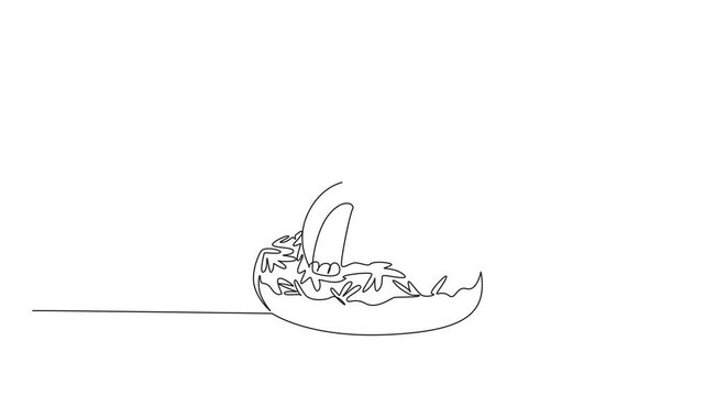 Animation of continuous line drawing of tortoise shows cute animal sitting inside sprinkled donut for unhealthy snack. Unique design features playful reptile for minimalist art. Full length motion