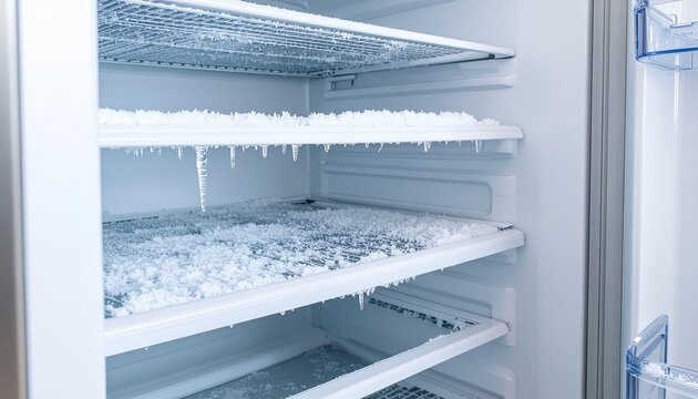 Close-up of a neglected, heavily frosted freezer interior with thick ice and long icicles on shelves, signifying a clear need for immediate defrosting and routine appliance care