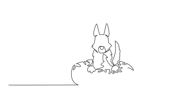 Animation of single line drawing of playful wolf show cute animal sitting inside glazed donut for fancy pastry concept. Unique design wild forest canine for international food day. Full length motion