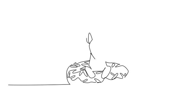 Self drawing animation of continuous line drawing of hyena shows tricky cute animal sitting inside donut for sweet dessert concept. Unique design features safari zoo mammal. Full length animated