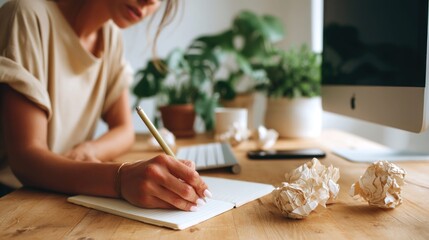 Woman Writing in Notebook at Desk
