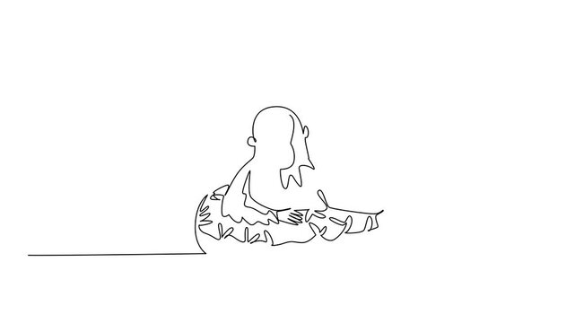 Animated self drawing of continuous line drawing of cute orangutan depicts big animal lying inside sparkled donut. Simple illustration fits a nursery poster purpose. Full length single line animation