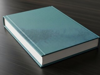 Fototapeta premium A teal hardcover book lies open on a dark wooden table viewed from an angle above