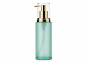 Naklejka premium Cylindrical cosmetic dispenser bottle with gold-toned pump mechanism sits against a white background.