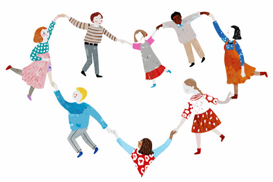 Children holding hands in a circle forming a heart shape