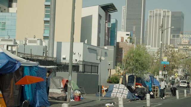 Encampments filled with trash on the street of Los Angeles