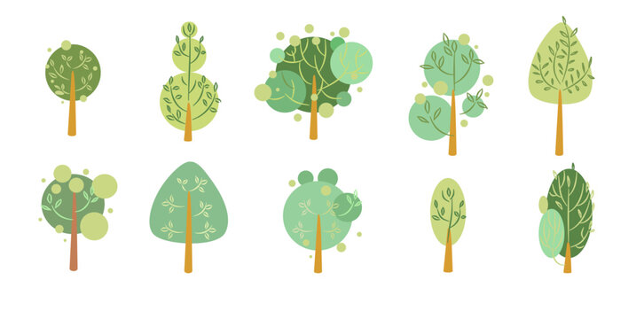 set of tree vector and leaf collection hand drawn flat design vector element for landscape design.