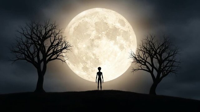 Silhouette of person standing between bare trees under full moon with cloudy sky in background