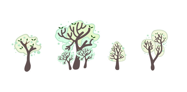 set of tree vector and leaf collection hand drawn flat design vector element for landscape design.