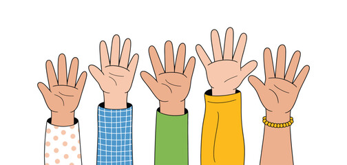 Fototapeta premium Diverse Raised Hands Cartoon Vector Depiction Of Teamwork Participation Collaboration