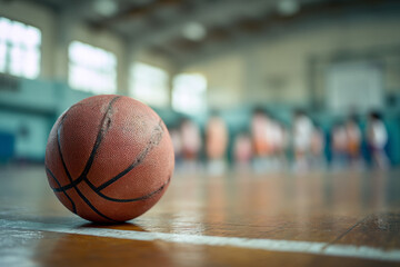 A basketball sits on the court with players in the background practicing