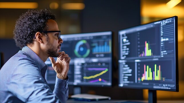 A focused man examines data visualizations on computer screens in a low-light office environment.