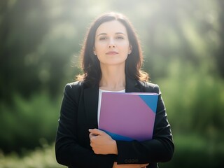 Fototapeta premium Woman standing confidently outdoors holding colorful documents in her hands