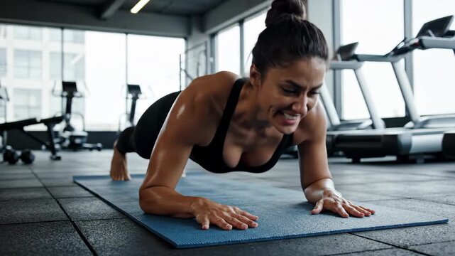 A strong woman holds a plank position with a determined face on a mat. Intense fitness workout in a modern gym. Core strength and endurance training
