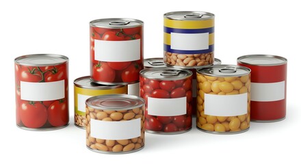Canned food assortment on white surface