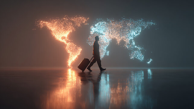 A traveler walks with a suitcase against a glowing map, symbolizing exploration and adventure in a modern world.
