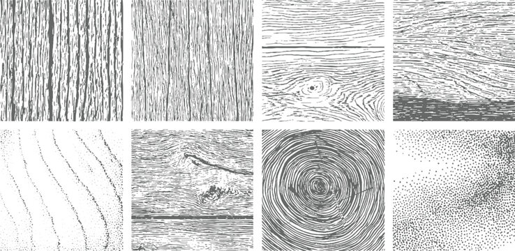 Eight monochrome wood grain and texture patterns including vertical lines wood knots and circular tree rings