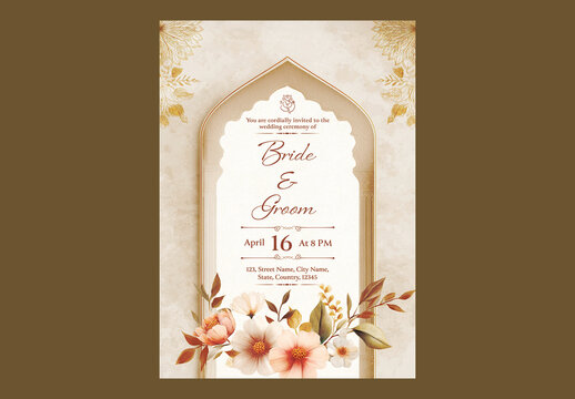 Editable Floral Indian Wedding Invitation Card Template with Arch Design in White and Beige Theme.