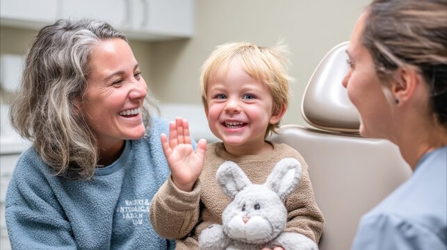 A happy toddler waves to the dentist during a dental appointment with his mom.