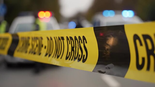 A close-up of yellow crime scene tape with the words do not cross. Police cars with flashing emergency lights are blurred in the background at an active investigation