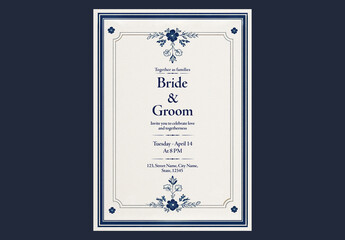 Editable Wedding Invitation Card Template with Venue Details in White and Blue Theme Design.