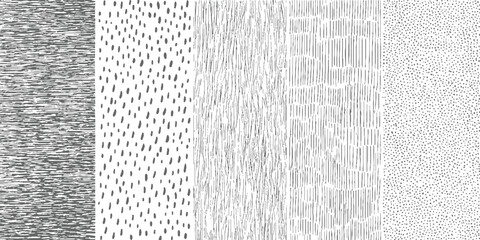 Fototapeta premium Five distinct abstract grayscale patterns side by side featuring horizontal lines dots vertical lines and speckles