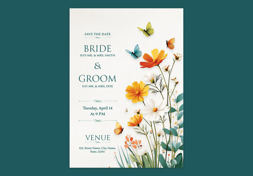 Editable Save the Date Wedding Invitation Card Template with Floral Illustration and Butterfly Design on White Background.