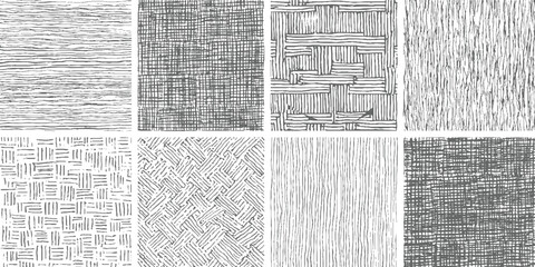 Eight distinct monochrome hand drawn line patterns featuring horizontal vertical and cross hatch textures