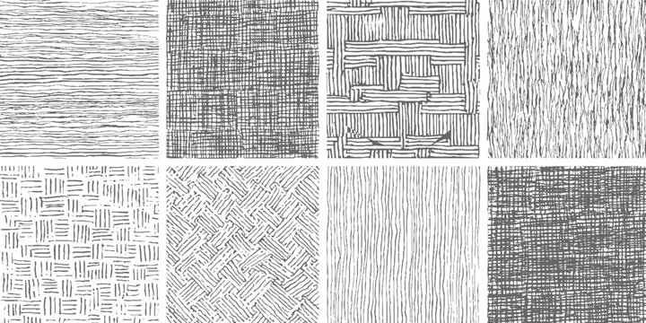 Eight distinct monochrome hand drawn line patterns featuring horizontal vertical and cross hatch textures