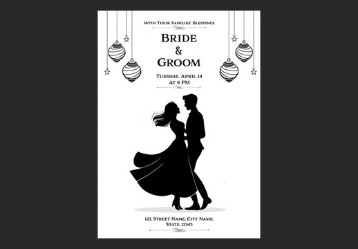 Editable Wedding Invitation Card Template with Dancing Couple Silhouette and Hanging Ornament Illustration on White Background.