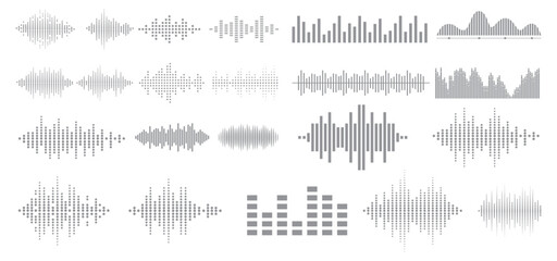 Obraz premium Podcast sound waves. Audio wave forms line, sound wave frequency or voice microphone signals. Music, podcast and broadcast and audio branding design. Sound wave