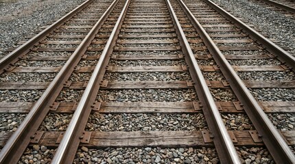 Obraz premium Multiple Railroad Tracks Converging in Perspective with Gravel and Wooden Ties