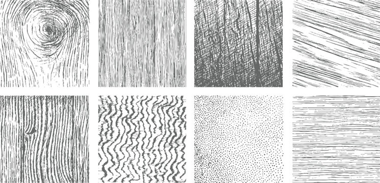 Eight distinct grey and white textured patterns including wood grain cross section vertical lines diagonal scratches wavy lines and dot gradients