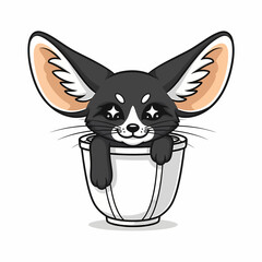 Obraz premium A cartoon fennec fox peeking out of a cup with large ears visible from a front viewpoint in a simple illustration style