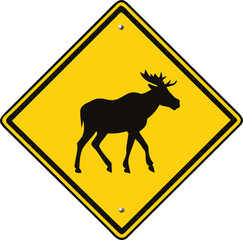 A yellow diamond shaped road sign depicts a silhouette of a walking