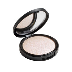 A sleek open makeup compact with shimmering powder on transparent background