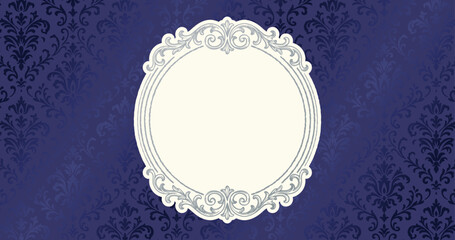 Naklejka na ściany i meble Royal blue damask pattern background with silver vintage frame. Blank luxury banner template with copy space.